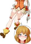  1girl bare_legs blue_eyes blush brown_hair disembodied_limb fire_emblem fire_emblem:_radiant_dawn highres igni_tion mist_(fire_emblem) multiple_views orange_socks socks thigh_grab 