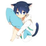  1boy animal_ears artist_request bad_id bad_pixiv_id barefoot blue_eyes blue_hair cat_ears cat_tail chibi feet free! highres looking_at_viewer male_child nanase_haruka_(free!) short_hair sitting solo stuffed_animal stuffed_shark stuffed_toy swimsuit tail 