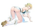  1girl :d all_fours ass bikini blonde_hair blue_bikini blue_eyes breasts commentary commission fire_emblem fire_emblem_heroes fjorm_(fire_emblem) flower hair_flower hair_ornament large_breasts looking_at_viewer open_mouth pomelomelon short_hair simple_background smile solo swimsuit thighs white_background 