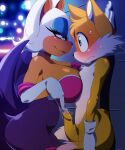  2023 68_(artist) anthro bat blush bodily_fluids canid canine clothing digital_media_(artwork) duo eye_contact eyelashes female fox genitals gloves gloves_only half-closed_eyes handwear handwear_only hi_res humanoid_genitalia humanoid_penis looking_at_another male male/female mammal miles_prower mostly_nude narrowed_eyes penis rouge_the_bat sega side_view sonic_the_hedgehog_(series) sweat sweatdrop wings 