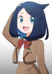  1girl :d absurdres araki_megami arm_up black_hair bow bowtie brown_jacket brown_skirt commentary cowlick green_eyes grey_background hair_ornament hairclip happy highres jacket liko_(pokemon) medium_hair open_clothes open_jacket open_mouth pokemon pokemon_(anime) pokemon_horizons red_bow red_bowtie shirt skirt smile solo teeth tongue upper_teeth_only white_shirt 