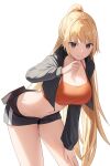  1girl belt_pouch black_jacket black_shorts blonde_hair breasts cleavage cowboy_shot grey_eyes hand_on_own_leg highres jacket kimi_(jxrm5387) large_breasts leaning_forward long_hair looking_at_viewer midriff navel orange_tank_top original ponytail pouch short_shorts shorts simple_background solo sweatdrop tank_top thighs very_long_hair white_background 