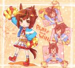 1girl :&gt; :o =_= animal_ears arms_up belt blue_jacket blush bow bowtie brown_hair chibi english_text flat_chest hands_on_own_hips holding holding_pom_poms horse_ears horse_girl horse_tail jacket long_sleeves looking_at_viewer midriff miniskirt multicolored_hair multiple_views navel nice_nature_(run&amp;win)_(umamusume) nice_nature_(umamusume) one_eye_closed open_clothes open_jacket outline pom_pom_(cheerleading) ponytail projected_inset red_footwear ruzuki_aaa sailor_collar shirt shoes short_hair skirt smile sneakers socks streaked_hair tail umamusume white_outline white_shirt white_skirt white_socks x_navel |_| 