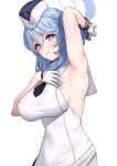  1girl ako_(blue_archive) armpits black_necktie blue_archive blue_hair blue_halo blush breasts clenched_teeth collared_dress cuffs dress garrison_cap gloves half_gloves hat large_breasts medium_hair necktie pensuke shackles simple_background sleeveless sleeveless_dress solo teeth white_background white_dress white_gloves 