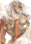  1boy animal_ears armlet bara black_sclera braid colored_sclera dislyte ear_piercing english_commentary from_behind furry furry_male hair_ornament highres javid_(shamash)_(dislyte) lion_boy lion_ears lion_mane looking_at_viewer male_focus muscular muscular_male orenjimaru piercing red_eyes signature topless_male white_background 