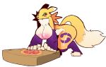  2022 absurd_res anthro areola armwear bandai_namco breasts clothing digimon digimon_(species) dipstick_ears dipstick_tail eks-out female fur green_eyes hi_res legwear markings mostly_nude multicolored_ears nipples pizza_box renamon simple_background smile solo tail tail_markings tuft white_background white_body white_fur yellow_body yellow_fur 