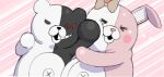  bow danganronpa_(series) danganronpa_2:_goodbye_despair ear_bow face_punch highres in_the_face looking_at_viewer monokuma monomi_(danganronpa) no_humans open_mouth orange_bow pink_background punching ranf teeth upper_body white_background 