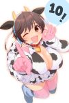  1girl ;d animal_ears animal_print bell belt_collar blush breasts brown_eyes brown_hair cleavage collar cow_ears cow_horns cow_print cow_tail cowbell elbow_gloves fake_animal_ears fake_horns fake_tail from_above gloves headset highres horns idolmaster idolmaster_cinderella_girls idolmaster_cinderella_girls_starlight_stage index_finger_raised james_(jms-pnt) large_breasts layered_skirt loafers looking_at_viewer looking_up oikawa_shizuku ok_sign one_eye_closed open_mouth pink_gloves pink_thighhighs shoes short_hair simple_background skirt smile socks solo speech_bubble tail thighhighs white_background zettai_ryouiki 