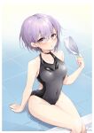  1girl a.i._voice breasts competition_swimsuit covered_navel feet_out_of_frame goggles goggles_around_neck grey_one-piece_swimsuit highres looking_at_viewer one-piece_swimsuit purple_eyes purple_hair short_hair small_breasts soaking_feet solo swimsuit tile_floor tiles unworn_swim_cap voiceroid yuzuki_yukari yuzuki_yukari_(shizuku) zooanime 