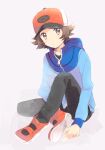  1boy black_pants blue_jacket brown_eyes brown_hair closed_mouth commentary_request full_body hat hilbert_(pokemon) hood hood_down hooded_jacket jacket long_sleeves looking_at_viewer male_focus niimura_(csnel) orange_footwear orange_headwear pants poke_ball_print pokemon pokemon_(game) pokemon_bw shirt shoes short_hair sitting solo zipper_pull_tab 