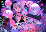  1girl 6+others bloodypepper bubble_tea cable cup disposable_cup drinking ghost hair_ornament hair_scrunchie instrument instrument_request keyboard_(instrument) low_twintails microphone multiple_others open_mouth original purple_background purple_eyes purple_hair purple_theme scrunchie star_(symbol) sticker_on_arm surprised synthesizer twintails wide-eyed yume_kawaii 
