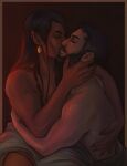  2boys bara beard bismuthmagnet black_hair brown_hair buzz_cut castlevania castlevania:_nocturne couple covering dark-skinned_male dark_skin facial_hair foreplay hand_on_another&#039;s_neck highres kiss long_hair male_focus mature_male mizrak_(castlevania) multiple_boys nude_cover olrox pointy_ears short_hair thick_eyebrows thick_thighs thighs toned toned_male topless_male very_short_hair yaoi 