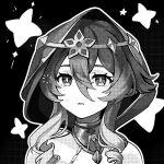  1girl black_background blush drill_hair drill_sidelocks genshin_impact greyscale hair_between_eyes highres hood hood_up layla_(genshin_impact) looking_at_viewer monochrome naphele_yun outline parted_lips portrait screentones sidelocks simple_background solo star_(symbol) white_outline 