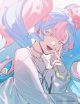  1girl aqua_hair choker fairy_miku_(project_voltage) flower hair_flower hair_ornament hatsune_miku highres k00s long_hair long_sleeves looking_at_viewer multicolored_hair nail_polish open_mouth pink_hair pink_nails pokemon project_voltage scrunchie simple_background solo twintails upper_body v very_long_hair vocaloid wrist_scrunchie 