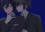  2boys black_headwear black_jacket blue_background blush breast_pocket brown_eyes buttons closed_mouth collared_shirt danganronpa_(series) danganronpa_v3:_killing_harmony dual_persona grey_shirt hair_between_eyes hand_up jacket male_focus multiple_boys pocket saihara_shuichi seuli_(sa404_3) shirt simple_background striped striped_jacket sweatdrop upper_body 