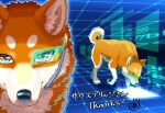  all_fours ayaka canid canine canis countershading domestic_dog feral fur japanese_text looking_at_viewer machine mammal orange_body orange_fur pawpads paws scouter shiba_inu signature solo spitz technology text white_body white_fur 