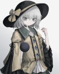  1girl adapted_costume arm_at_side bags_under_eyes black_choker black_headwear bow buttons center_frills choker closed_mouth commentary diamond_button frilled_shirt_collar frilled_sleeves frills grey_eyes grey_hair hand_up hat hat_bow hat_ribbon highres komeiji_koishi looking_at_viewer medium_hair reverinth ribbon shirt smile solo sweatdrop symbol-only_commentary third_eye touhou wavy_mouth wide_sleeves yellow_shirt 