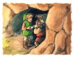  2boys absurdres bag black_eyes border brown_bag brown_footwear brown_hair cave commentary dated english_commentary finger_to_mouth from_above full_body green_headwear highres holding holding_bag licking_lips link moblin multiple_boys outdoors pants pointy_ears red_tunic rupee_(zelda) short_hair shoulder_spikes shushing signature spikes standing the_legend_of_zelda the_legend_of_zelda_(nes) tongue tongue_out tunic white_border white_pants yasmeen 