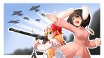  2girls absurdres aircraft airplane animal_ears blonde_hair blush bow breasts brown_hair capelet carrot_necklace clenched_hand closed_mouth commentary_request contrail cowboy_shot dress fingernails floppy_ears frilled_dress frills gun hair_between_eyes hat hat_bow highres holding holding_gun holding_weapon inaba_tewi jewelry ju87r_(tvp1178) lily_white long_hair long_sleeves looking_afar machine_gun medium_bangs medium_breasts mg_81 multiple_girls necklace open_mouth outline pink_dress pink_eyes rabbit_ears rabbit_girl red_bow salute scope short_hair smile smoke touhou weapon white_capelet white_dress white_headwear white_outline 