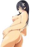  1girl alternate_breast_size ass black_hair blue_eyes breasts closed_mouth commentary_request feet_out_of_frame flower from_side hair_flower hair_ornament highres kaoruchan light_blush long_hair medium_breasts nipples nude saten_ruiko solo toaru_kagaku_no_railgun toaru_majutsu_no_index transparent_background white_flower 