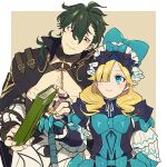  1boy 1girl armor blonde_hair blue_eyes book closed_mouth fire_emblem fire_emblem_engage frills green_hair gregory_(fire_emblem) guttary hair_between_eyes hair_over_one_eye hat hat_ribbon holding holding_book looking_at_another madeline_(fire_emblem) red_eyes ribbon short_hair shoulder_armor wavy_hair 