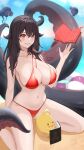  1girl azur_lane bikini black_hair blush book breasts cleavage collarbone glasses hand_up innertube kneeling large_breasts long_hair looking_at_viewer manjuu_(azur_lane) navel official_alternate_costume outdoors parted_lips red_bikini red_eyes royal_fortune_(azur_lane) royal_fortune_(eyes_on_the_prize)_(azur_lane) sideboob smile stomach swimsuit tentacle_hair tentacles thighs vik_(xypt7474) water 