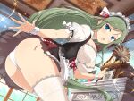  1girl alternate_costume apron blue_eyes blush breasts clock duster feather_duster fuga_(senran_kagura) green_hair highres large_breasts long_hair looking_at_viewer maid maid_apron maid_headdress mole mole_under_eye official_alternate_costume official_art open_mouth painting_(object) panties senran_kagura senran_kagura_new_link senran_kagura_new_wave thighhighs tree underwear white_panties window 