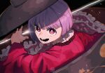  1girl artist_logo black_background black_headwear blast-7 bowl bowl_hat commentary hat highres japanese_clothes kimono long_sleeves needle needle_sword open_mouth purple_hair red_eyes red_kimono short_hair simple_background solo sukuna_shinmyoumaru touhou 