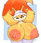  absurd_res anthro big_breasts breasts female fennekin fur generation_6_pokemon hi_res huge_breasts hyper hyper_breasts nintendo nipples pokemon pokemon_(species) solo virito yellow_body yellow_fur 