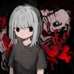  1girl arms_at_sides black_background closed_mouth expressionless grey_hair grey_shirt highres looking_at_viewer medium_hair monster original red_background red_eyes shinamida shirt short_sleeves sideways_glance skeleton solo t-shirt upper_body 