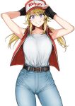  1girl adjusting_clothes adjusting_headwear alternate_costume armpits arms_up baseball_cap belt_buckle blonde_hair blue_eyes blush breasts buckle collarbone cosplay denim fatal_fury fingerless_gloves gloves hachimiya_meguru hat highres idolmaster idolmaster_shiny_colors jeans looking_at_viewer medium_breasts pants red_vest shirt_tucked_in simple_background smile solo tank_top terry_bogard terry_bogard_(cosplay) tsurui vest white_background white_tank_top 