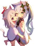  2girls alternate_costume animal_ear_fluff animal_ears artist_name bare_shoulders barefoot black_shorts blush cat_ears cat_tail chiroron closed_mouth cross-shaped_pupils dress genshin_impact green_eyes green_hair grey_hair hair_between_eyes hair_ornament halo hand_up heart heart_hair_ornament highres leg_up long_hair looking_at_viewer multicolored_hair multiple_girls nahida_(genshin_impact) one_eye_closed open_mouth paimon_(genshin_impact) ponytail purple_eyes shirt short_hair short_sleeves shorts side_ponytail simple_background sleeveless sleeveless_dress standing standing_on_one_leg symbol-shaped_pupils t-shirt tail two-tone_hair white_background white_dress white_shirt 