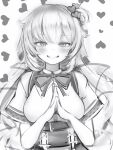  1girl absurdres akai_haato akai_haato_(1st_costume) bare_arms belt breasts dot_nose greyscale grin hair_ornament heart heart_background heart_hair_ornament highres hololive light_blush long_hair looking_at_viewer low_twintails monochrome nanashi_(nlo) neck_ribbon one_side_up own_hands_together parted_lips ribbon short_sleeves simple_background smile solo steepled_fingers twintails upper_body virtual_youtuber 