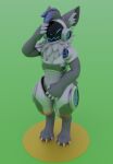  anthro bluebyte bodily_fluids covering covering_crotch embarrassed eyes_closed fur genital_fluids grey_body grey_fur hair lunar_proto machine male protogen protogen_visor simple_background solo urine urine_on_ground watersports 