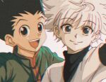  2boys :d black_hair blue_eyes enoki_(gongindon) gon_freecss hunter_x_hunter killua_zoldyck looking_at_viewer male_child male_focus multiple_boys official_style raised_eyebrows short_hair smile spiked_hair upper_body white_hair 