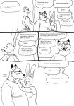  2023 anthro belly bernielover blush canid canine clothing comic dialogue disney duo english_text eyes_closed fan_character fox gideon_grey hi_res humanoid_hands lagomorph leporid male mammal monochrome overweight overweight_male rabbit shirt sitting text topwear zootopia 