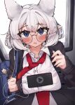  absurdres auraaa blush breast_press breasts cellphone glasses height_difference highres large_breasts lorel_(auraaa) necktie original phone pointy_ears school_uniform smartphone white_hair 