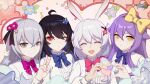  4girls :d :o ^_^ ahoge animal_ears black_hair blue_flower blue_headwear blue_ribbon bronya_zaychik bronya_zaychik_(herrscher_of_reason) closed_eyes flower grey_eyes grey_hair hair_between_eyes hair_ornament heart heart_hands heart_hands_duo highres honkai_(series) honkai_impact_3rd logo long_hair looking_at_viewer multiple_girls musical_note official_alternate_hairstyle official_art official_wallpaper one_eye_closed open_mouth orange_eyes pink_headwear pink_ribbon purple_eyes rabbit_ears ribbon seele_vollerei seele_vollerei_(starchasm_nyx) sirin smile star_(symbol) star_hair_ornament theresa_apocalypse theresa_apocalypse_(sakura_rondo) v white_hair white_sleeves yellow_headwear yellow_ribbon 