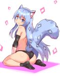  1boy animal_ears ass back black_panties black_socks blue_eyes blue_hair closed_mouth commentary commission cougar_(cougar1404) elbow_pads english_commentary from_behind long_hair looking_at_viewer looking_back male_focus mixed-language_commentary original otoko_no_ko panties print_socks sitting skeb_commission smile socks solo star_(symbol) star_print tail topless underwear underwear_only wariza white_background 