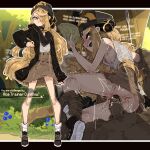  1boy 1girl black_coat black_headwear blonde_hair brown_skirt clothed_sex coat cynthia_(pokemon) dark-skinned_male dark_skin hair_over_one_eye highres holding holding_money long_hair looking_at_viewer money nipple_slip nipples penis pokemon sex shuuko_(s_h_uuko) skirt smirk vaginal yellow_eyes 