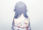  1girl absurdres bandaged_chest bandaged_torso blood clothes_removed fu_hua fu_hua_(azure_empyrea) fu_hua_(taixuan_impression) grey_hair hair_down hand_on_own_arm highres honkai_(series) honkai_impact_3rd injury long_hair parted_hair saya_atang scar scar_on_back simple_background solo upper_body white_background 
