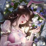  1girl animal_ears bare_shoulders brown_hair bug butterfly closed_mouth douluo_dalu dress earrings eye_mask eyelashes flower glowing_butterfly hair_ornament half-closed_eyes highres holding holding_petal jewelry light_particles ni_gu_la_si_xiao_la_ji night petals pink_dress pink_eyes rabbit_ears second-party_source solo upper_body xiao_wu_(douluo_dalu) 