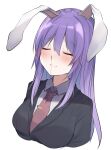  1girl animal_ears blood blush breasts closed_eyes cropped_torso happy highres karasusou_nano large_breasts necktie nosebleed purple_hair rabbit_ears red_necktie reisen_udongein_inaba simple_background smile solo straight_hair touhou white_background 