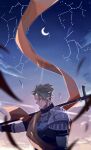 1boy absurdres achilles_(fate) armor constellation crescent_moon fate/grand_order fate_(series) haruakira highres holding holding_polearm holding_weapon lance lens_flare male_focus moon night night_sky orange_sash over_shoulder parted_lips pauldrons polearm sash short_hair shoulder_armor sky solo undercut upper_body weapon weapon_over_shoulder yellow_eyes 