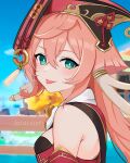  1girl :p bare_shoulders blue_sky breasts cloud commentary_request coricori day genshin_impact green_eyes highres long_hair looking_at_viewer pink_hair red_headwear sky small_breasts smile solo tongue tongue_out upper_body yanfei_(genshin_impact) 