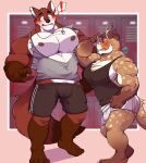  anthro barazoku big_muscles big_pecs bottomwear bulge canid canine clothed clothing cyrus_richter digital_media_(artwork) duo exclamation_point felid feline fox fur gym_bottomwear gym_clothing gym_shorts hi_res locker locker_room lynx male male/male mammal muscular muscular_anthro muscular_male open_mouth pecs red_body red_fur seintaur shirt shorts simple_background small_clothing surprised_expression tan_body tan_fur tank_top topwear torn_clothing 