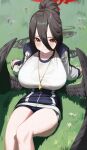  1girl 3: arm_support bangs black_hair black_wings blue_archive blurry breasts commentary_request depth_of_field feathered_wings from_above grass gym gym_shirt gym_shorts hair_between_eyes halo hasumi_(blue_archive) hasumi_(gym_uniform)_(blue_archive) highres huge_breasts jacket kantai_collection knee_up long_hair long_sleeves looking_at_viewer looking_up lying m.q_(mqkyrie) official_alternate_costume on_back open_clothes open_jacket ponytail red_eyes shirt shorts sidelocks solo thick_thighs thighs track_jacket very_long_hair whistle whistle_around_neck wings zipper 