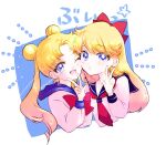  2girls aino_minako bishoujo_senshi_sailor_moon blonde_hair blue_eyes blue_sailor_collar bow dolcexxx double_bun earrings hair_bun highres jewelry multiple_girls open_mouth red_bow sailor_collar school_uniform simple_background tsukino_usagi twitter_username v 