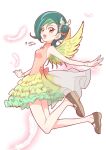  1girl angel_wings bare_legs brown_eyes brown_footwear feathers full_body green_hair hair_bun looking_at_viewer mary_janes mizuki_kotori_(yu-gi-oh!) multicolored_hair ochi_marco shoes simple_background single_side_bun twitter_username two-tone_hair wings yellow_wings yu-gi-oh! yu-gi-oh!_zexal 