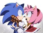  1boy 1girl amy_rose animal_ears animal_nose dress eye_contact furry furry_female furry_male gloves gold_bracelet green_eyes hairband hedgehog hedgehog_boy hedgehog_ears hedgehog_girl hedgehog_tail highres looking_at_another open_mouth red_dress red_hairband scarf short_dress simple_background sonic_(series) sonic_the_hedgehog steffybs tail white_gloves 
